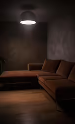 brown couch and table in dark room with lights