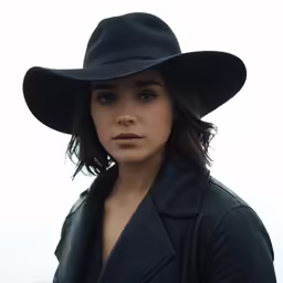 a woman in a black hat is posing for the camera