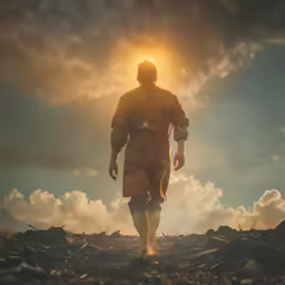 a man walking across a dirt field under a cloudy sky
