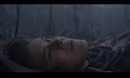 a woman laying down in a leaf filled forest