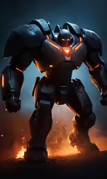 an armored robot stands near the fire