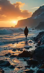 a person walking on a beach during a sun set