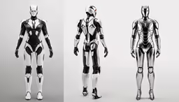 a futuristic woman and man in suits with helmets