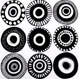 nine circles that have been drawn with a black and white background,several black and white circles with a circular pattern