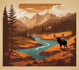 a moose in the mountains is standing on the bank of the stream,an old poster featuring a deer and the rocky river below