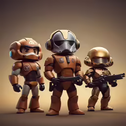 three lego characters wearing different costumes holding guns