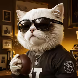 white cat wearing black sunglasses and a tee shirt