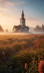 a church in the middle of a field at sunset