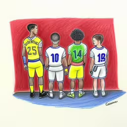 a group of kids looking up and to the side,there are three young men standing together in front of a wall
