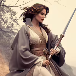a woman in a costume holding a sword