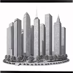 a drawing shows three buildings in a row with trees, and one is very large