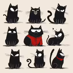 black cats with white eyes are sitting and one is looking