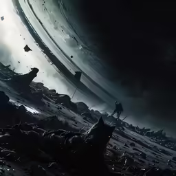 the outer world with many people and rubble