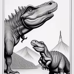two dinosaurs standing next to each other in front of mountains,two dinosaurs are in a picture on the wall