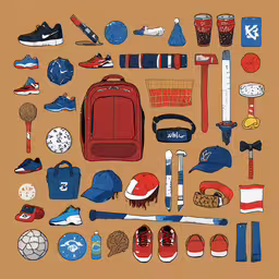 various items from the usa including backpack, baseball hat, cap, and glove,various items are on a brown surface