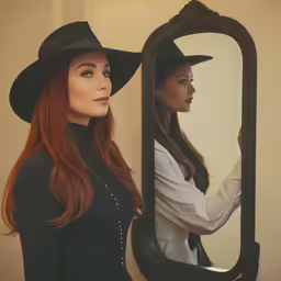 a woman in black and white posing in front of a mirror