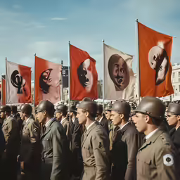 people in military uniforms in front of flags