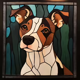 a stained glass picture of a dog with its head slightly obscured by the stained glass