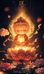 a little girl is sitting in a candle surrounded by lights
