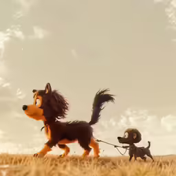 two dogs on leashes are walking across a wheat field