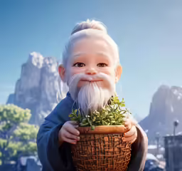 a man with a beard standing with a pot full of plants
