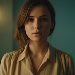 a woman is looking into the camera with a concerned look on her face