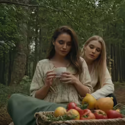 two girls sitting in the forest on a picnic