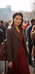 woman in dress and coat standing on sidewalk