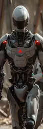 a futuristic person riding a motorcycle through the streets,a robot walking across a dirty street next to a wooden structure