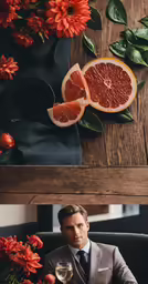 a man in a suit and tie sitting on a couch next to some fruit