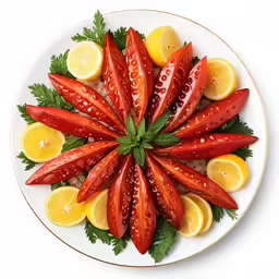 a plate with some tomatoes and lemons and other fruit
