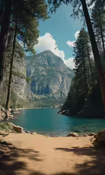 an area with many trees surrounding it and a blue lake