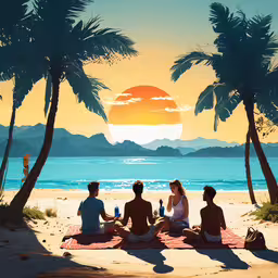 a painting of three people sitting on top of a towel on the beach,some people are sitting on a towel and drinking