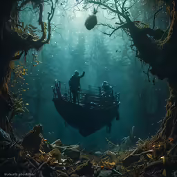 a man is fishing in the middle of the water with the ship