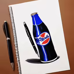 a black pen laying next to a drawing of a pepsi bottle