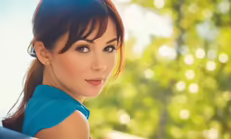 an attractive woman with long brown hair and blue dress
