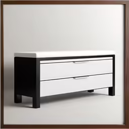 a black and white dresser and mirror in a room