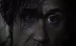 a man with black and white paint on his face and brown hair is staring into the camera
