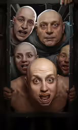 the image is of a man being cut from his head by many faces