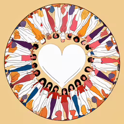 a group of people surrounding a heart on an orange background,a group of people and a heart surrounded by hands