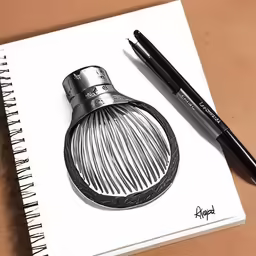 a pen sitting on top of a spiral notebook next to a drawing of a bottle