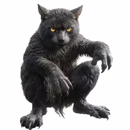the big black creature has bright yellow eyes