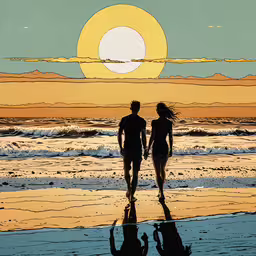two people walking on the beach at sunset,the silhouettes of two people walking on a beach near water