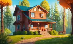 a house in the woods on a hill,a red house sits in a clearing of trees