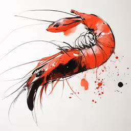 a watercolor painting of red shrimp on white paper