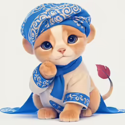 a little brown and white cat with blue scarf and hat