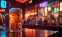 a close - up of a beer glass on a bar