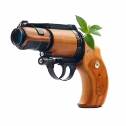 a revolver filled with a green plant on white
