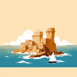 a very nice picture of some old castle buildings by the ocean