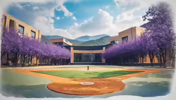 the view of a baseball field with a ballpark and mountains in the background